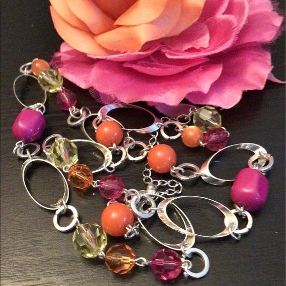 NWOT. Silver Tone Chain & Fuchsia, Orange, Yellow Mix Beads Necklace. - Picture 1 of 8